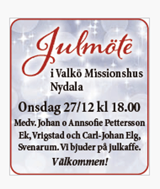 Inbjudan till Valkö missionshus 27/12