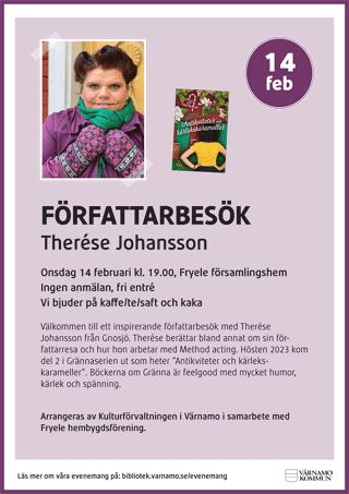 Inbjudan författarkväll Fryele 14 febr 19.00 Therese Johansson