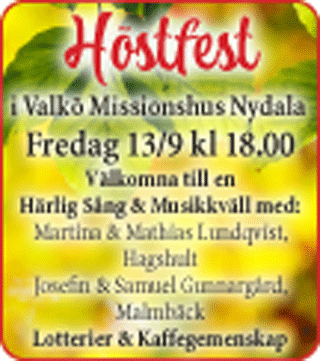 Inbjudan till höstfest i Valkö missionshus den 13/9