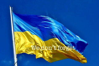 Ukrainas flagga med texten "We don't forget"